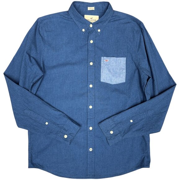 EUC Men's HOLLISTER Blue Chambray "Stretch" Button Down Casual Shirt |‎ Size L - Picture 1 of 7